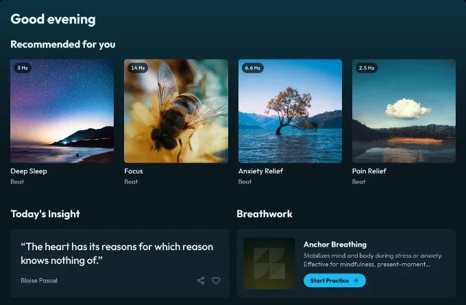 Home in the Binaural Beats web app: recommended beats, today's insight and a breathing exercise
